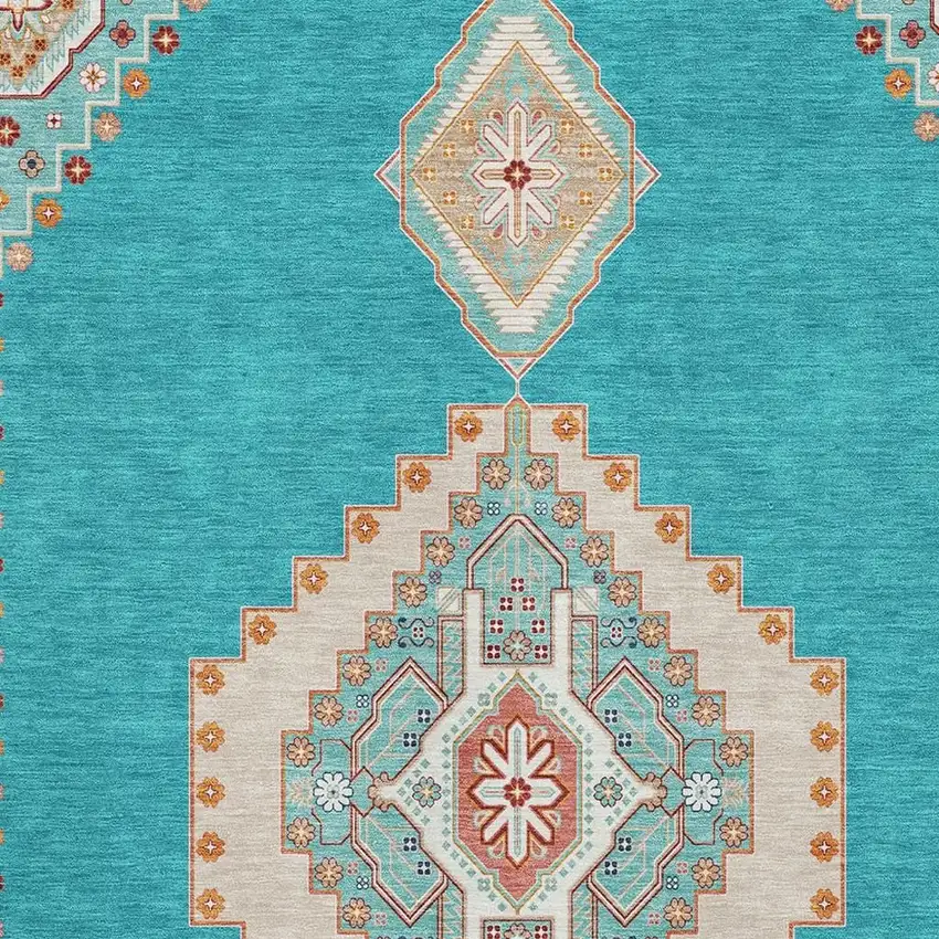 Teal Salmon And Beige Oriental Washable Area Rug With UV Protection Photo 2