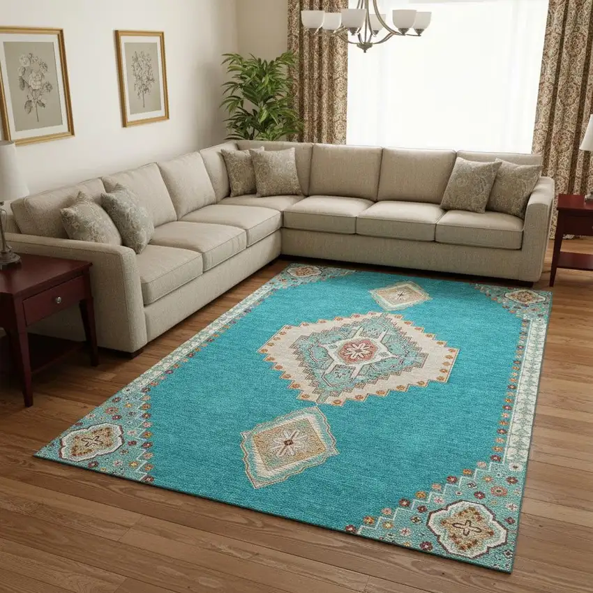 Teal Salmon And Beige Oriental Washable Area Rug With UV Protection Photo 2