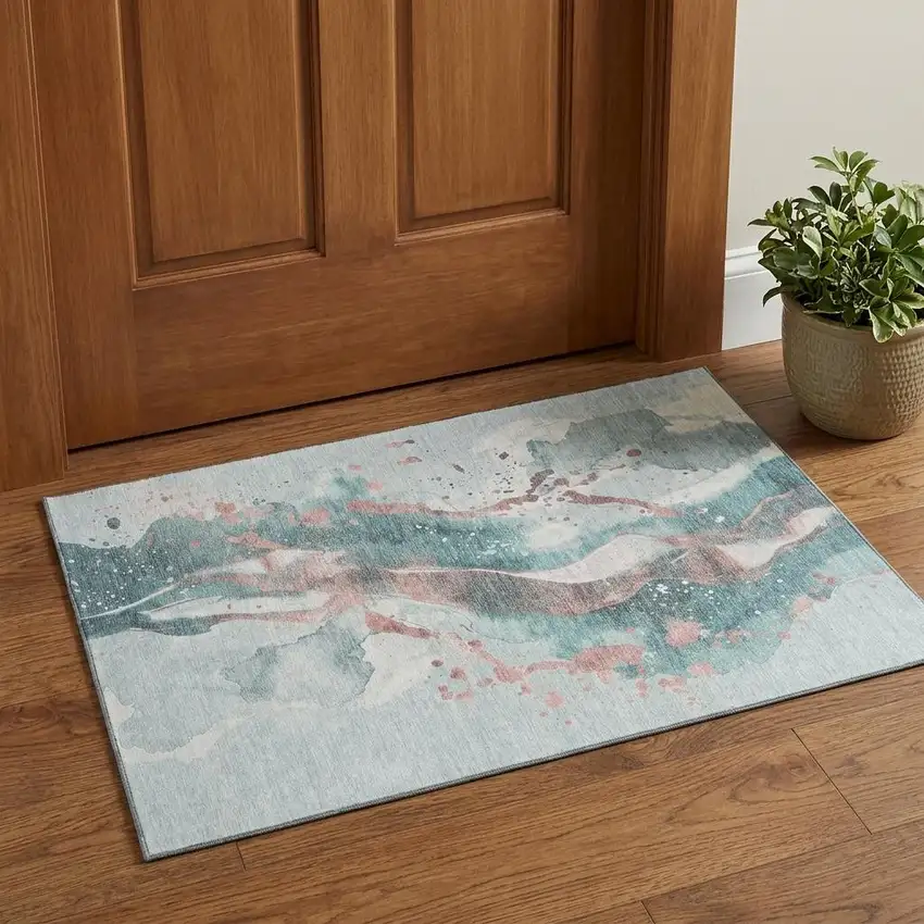 Teal Salmon And Ivory Abstract Washable Area Rug With UV Protection Photo 1