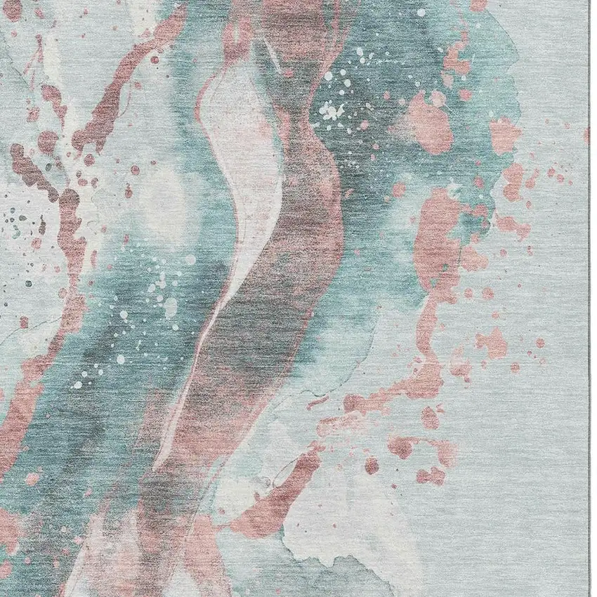 Teal Salmon And Ivory Abstract Washable Area Rug With UV Protection Photo 2