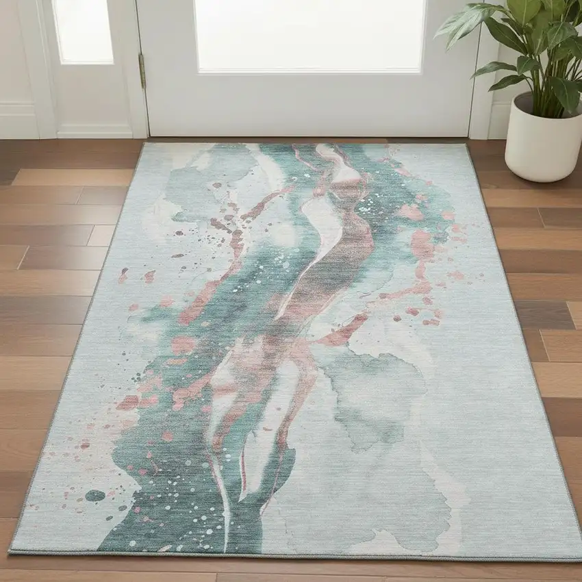 Teal Salmon And Ivory Abstract Washable Area Rug With UV Protection Photo 2