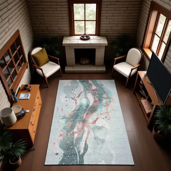 Teal Salmon And Ivory Abstract Washable Area Rug With UV Protection Photo 4