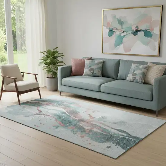 Teal Salmon And Ivory Abstract Washable Area Rug With UV Protection Photo 2