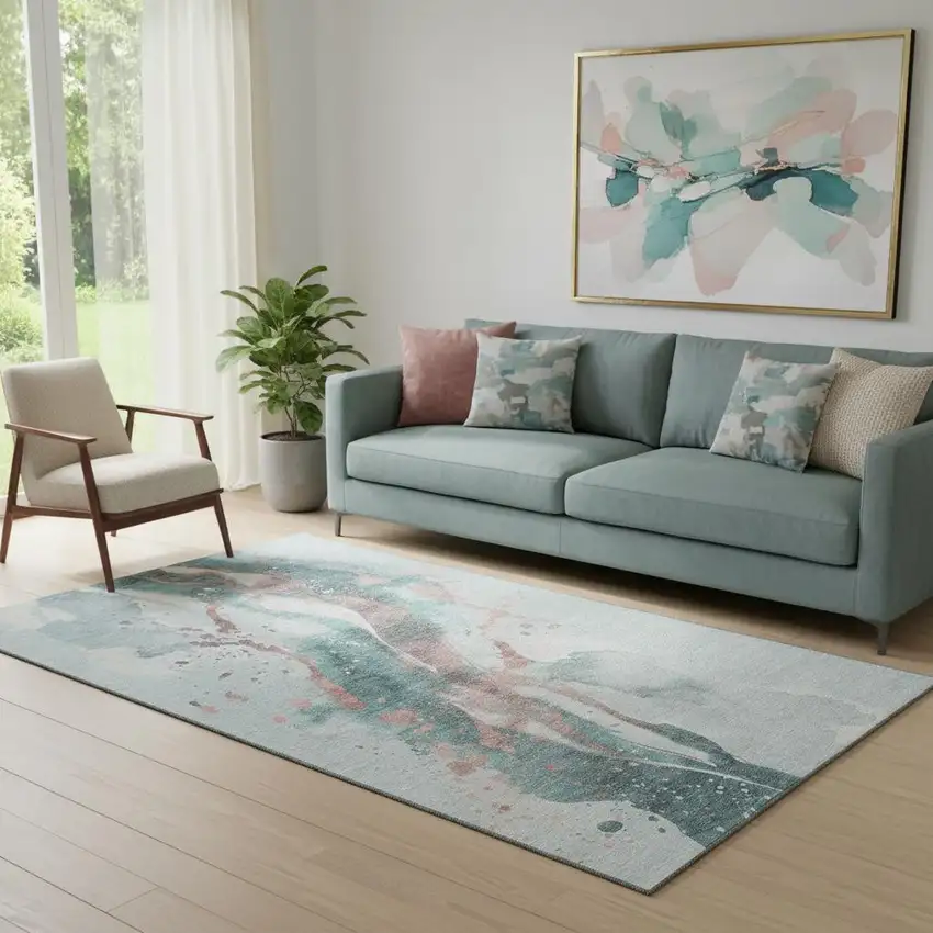 Teal Salmon And Ivory Abstract Washable Area Rug With UV Protection Photo 2