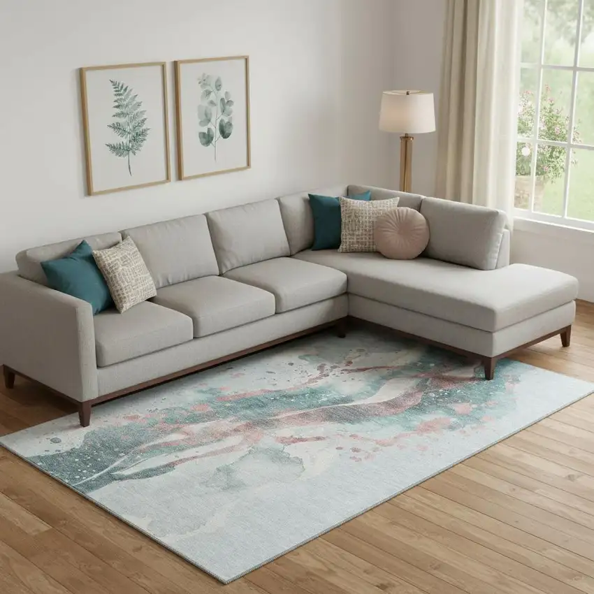 Teal Salmon And Ivory Abstract Washable Area Rug With UV Protection Photo 2