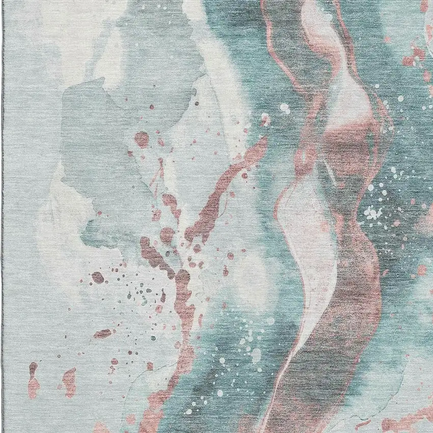 Teal Salmon And Ivory Abstract Washable Area Rug With UV Protection Photo 2