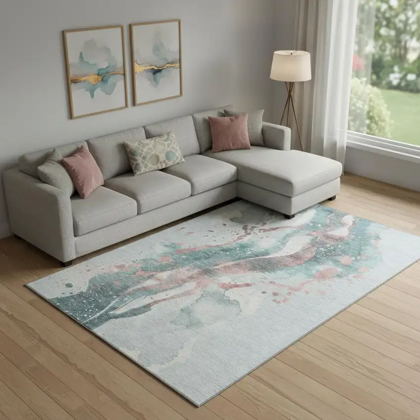 Teal Salmon And Ivory Abstract Washable Area Rug With UV Protection Photo 2