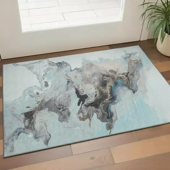 Teal Silver And Beige Abstract Washable Area Rug With UV Protection Photo 2