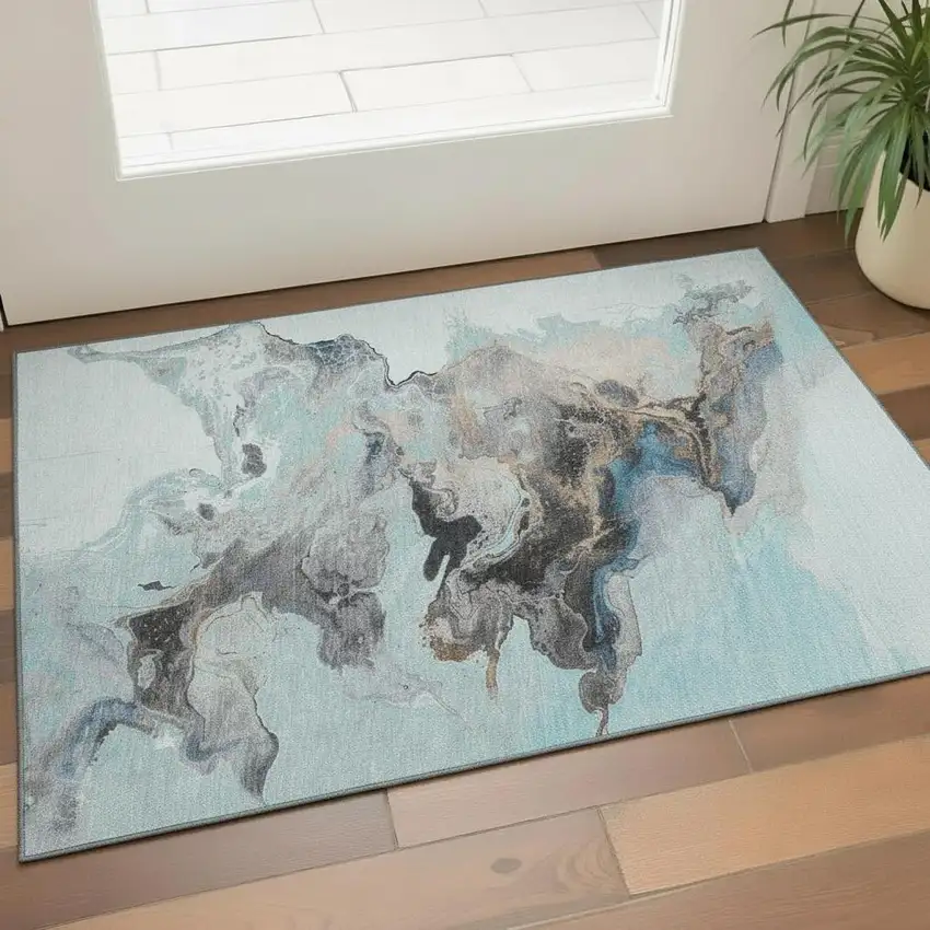 Teal Silver And Beige Abstract Washable Area Rug With UV Protection Photo 2