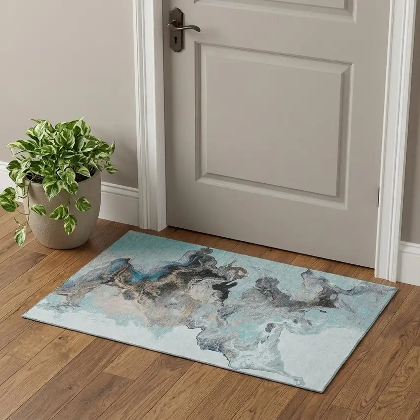 Teal Silver And Beige Abstract Washable Area Rug With UV Protection Photo 1