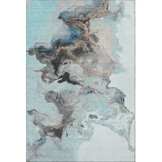 Teal Silver And Beige Abstract Washable Area Rug With UV Protection Photo 4