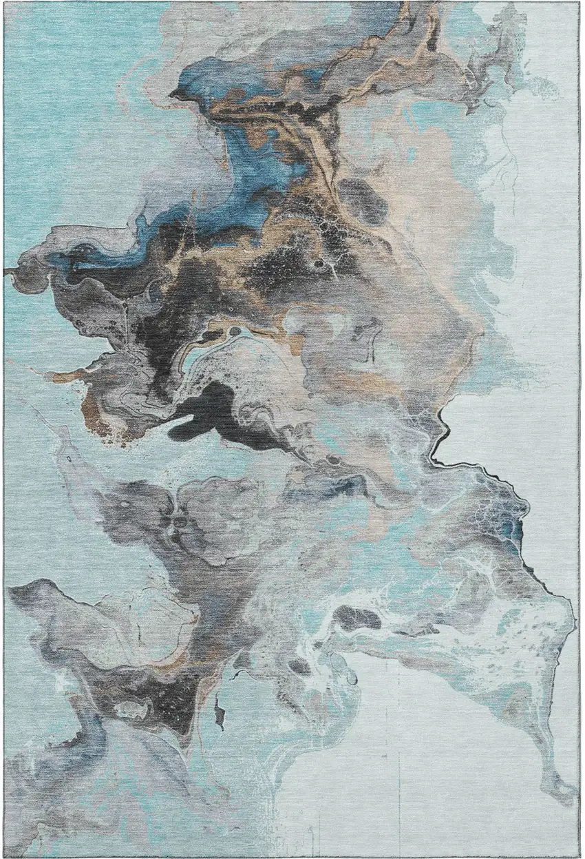 Teal Silver And Beige Abstract Washable Area Rug With UV Protection Photo 4