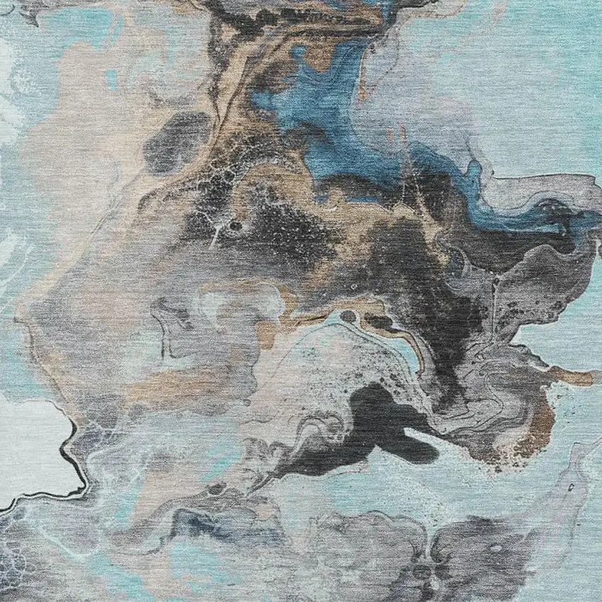 Teal Silver And Beige Abstract Washable Area Rug With UV Protection Photo 2