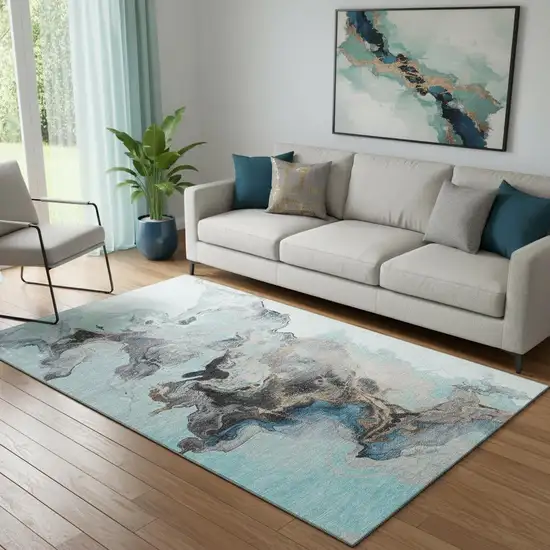 Teal Silver And Beige Abstract Washable Area Rug With UV Protection Photo 2