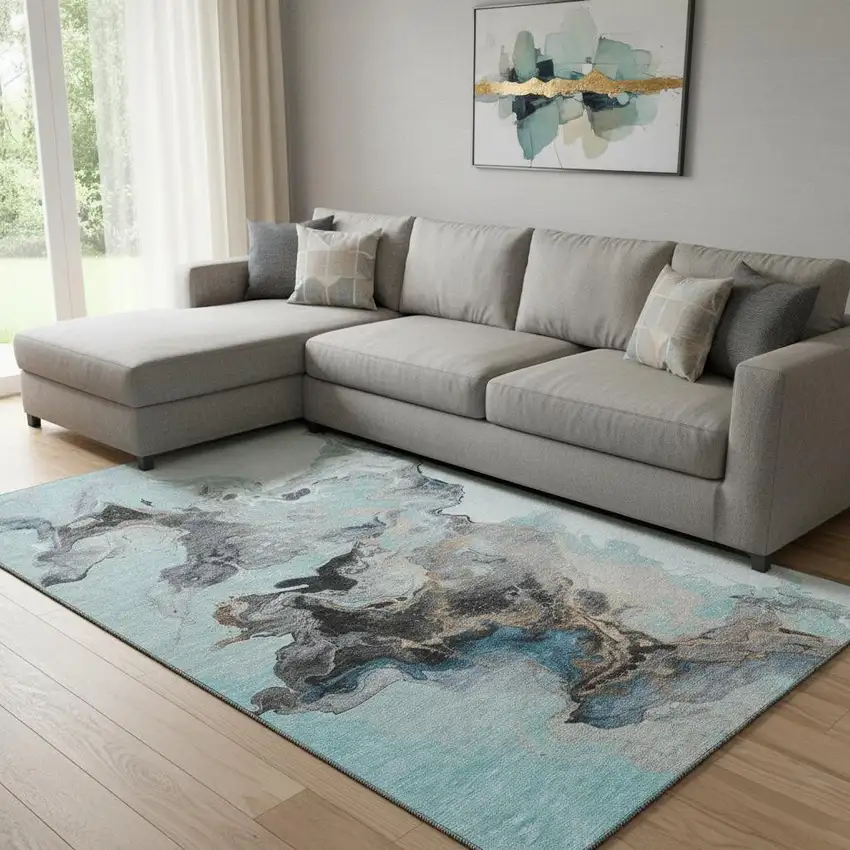 Teal Silver And Beige Abstract Washable Area Rug With UV Protection Photo 2