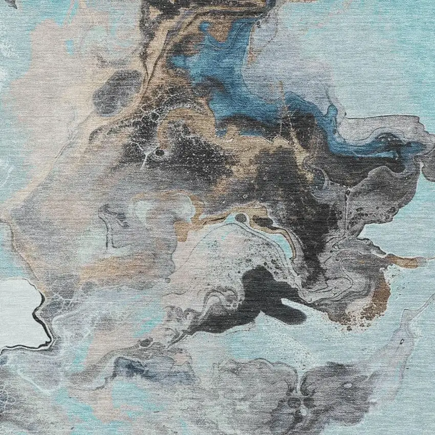 Teal Silver And Beige Abstract Washable Area Rug With UV Protection Photo 2