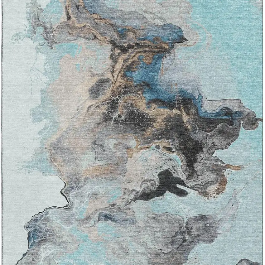 Teal Silver And Beige Abstract Washable Area Rug With UV Protection Photo 2