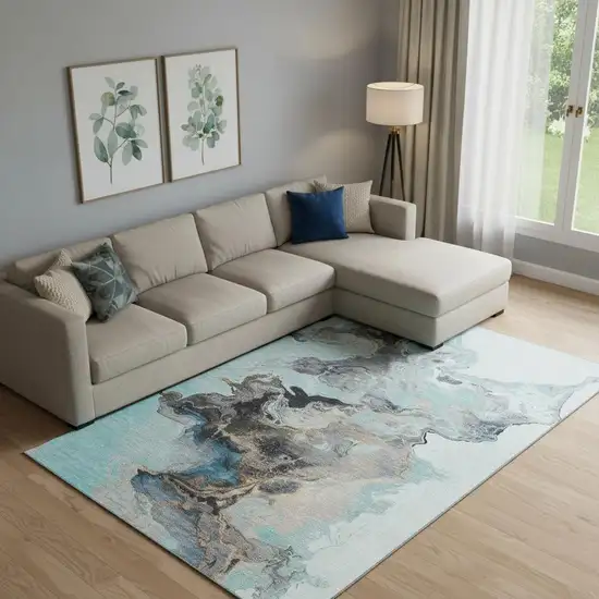 Teal Silver And Beige Abstract Washable Area Rug With UV Protection Photo 2