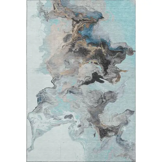 Teal Silver And Beige Abstract Washable Area Rug With UV Protection Photo 1