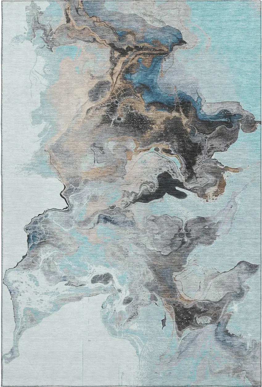 Teal Silver And Beige Abstract Washable Area Rug With UV Protection Photo 1