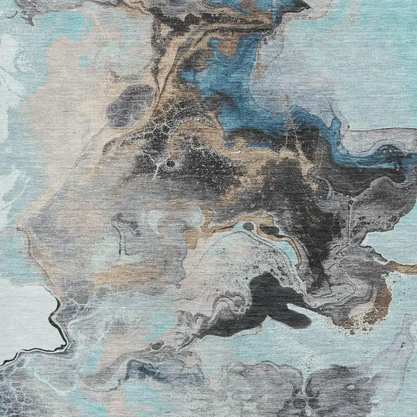 Teal Silver And Beige Abstract Washable Area Rug With UV Protection Photo 2