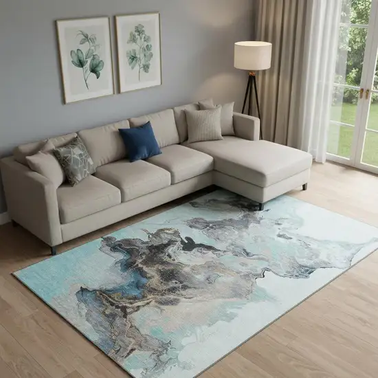 Teal Silver And Beige Abstract Washable Area Rug With UV Protection Photo 2