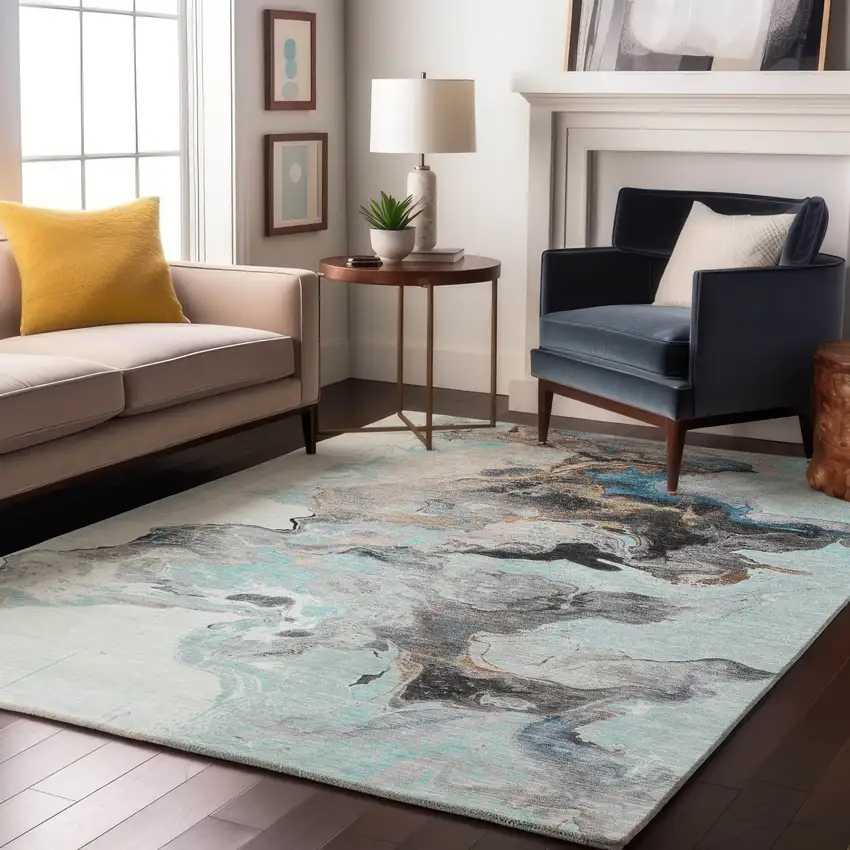 Teal Silver And Beige Abstract Washable Area Rug With UV Protection Photo 5
