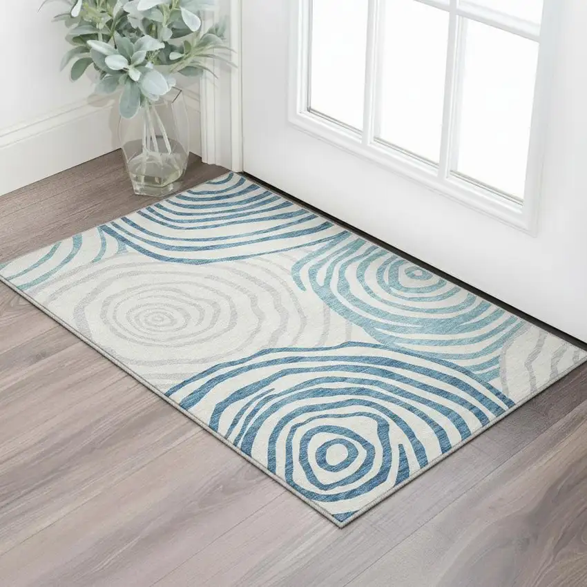 Teal Silver And Gray Abstract Washable Area Rug With UV Protection Photo 2