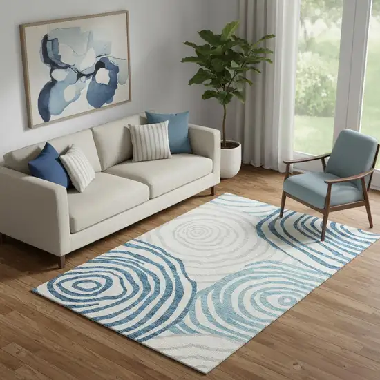 Teal Silver And Gray Abstract Washable Area Rug With UV Protection Photo 1