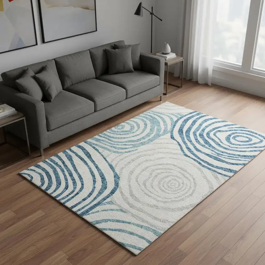 Teal Silver And Gray Abstract Washable Area Rug With UV Protection Photo 2