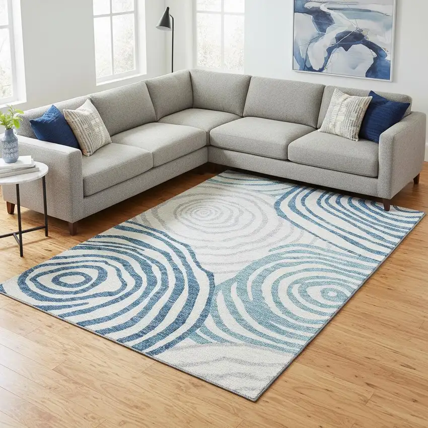 Teal Silver And Gray Abstract Washable Area Rug With UV Protection Photo 2