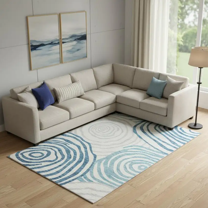 Teal Silver And Gray Abstract Washable Area Rug With UV Protection Photo 1