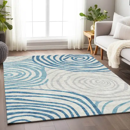 Teal Silver And Gray Abstract Washable Area Rug With UV Protection Photo 4
