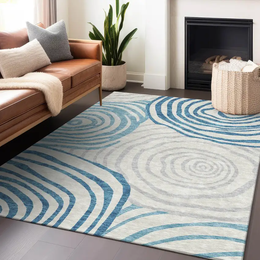 Teal Silver And Gray Abstract Washable Area Rug With UV Protection Photo 5