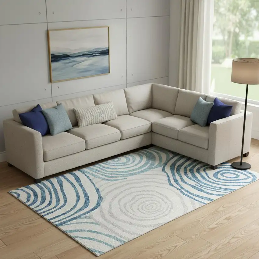 Teal Silver And Gray Abstract Washable Area Rug With UV Protection Photo 1