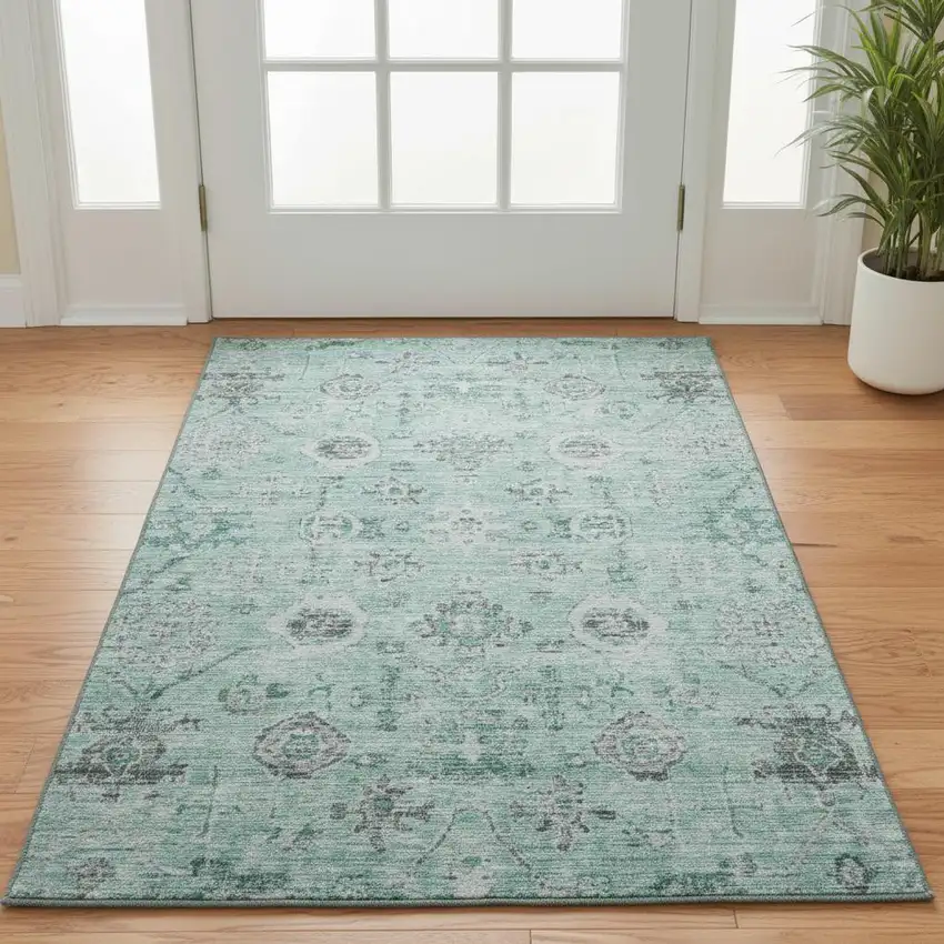 Teal Silver And Gray Damask Washable Area Rug With UV Protection Photo 2