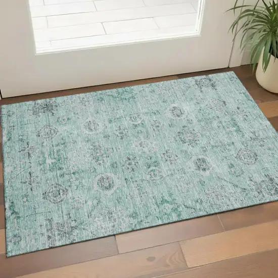 Teal Silver And Gray Damask Washable Area Rug With UV Protection Photo 1