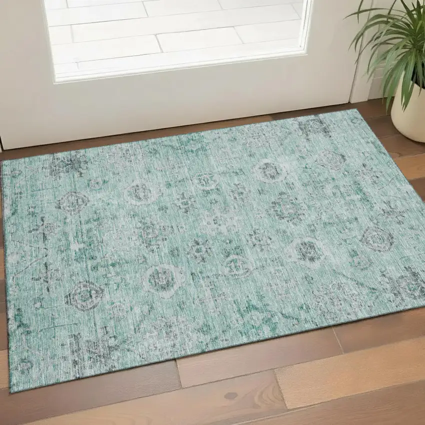 Teal Silver And Gray Damask Washable Area Rug With UV Protection Photo 1