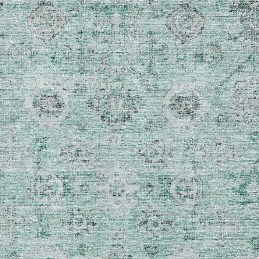 Teal Silver And Gray Damask Washable Area Rug With UV Protection Photo 2
