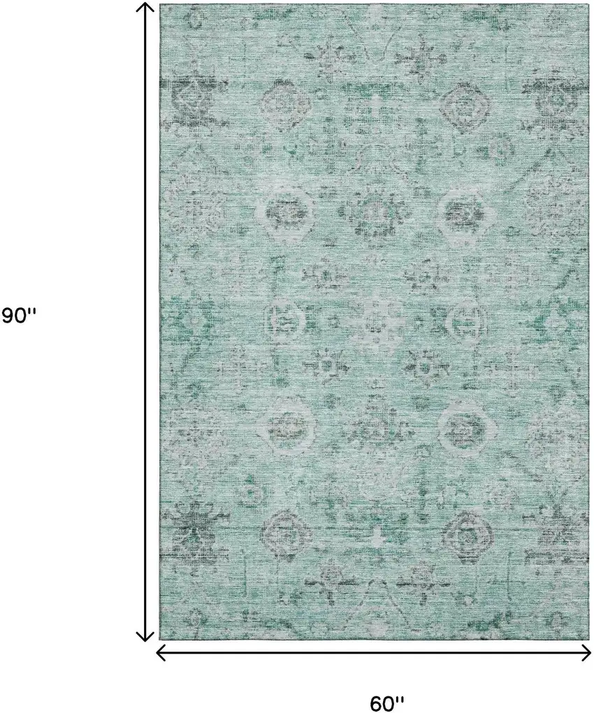 Teal Silver And Gray Damask Washable Area Rug With UV Protection Photo 9