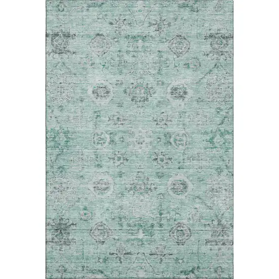 Teal Silver And Gray Damask Washable Area Rug With UV Protection Photo 1