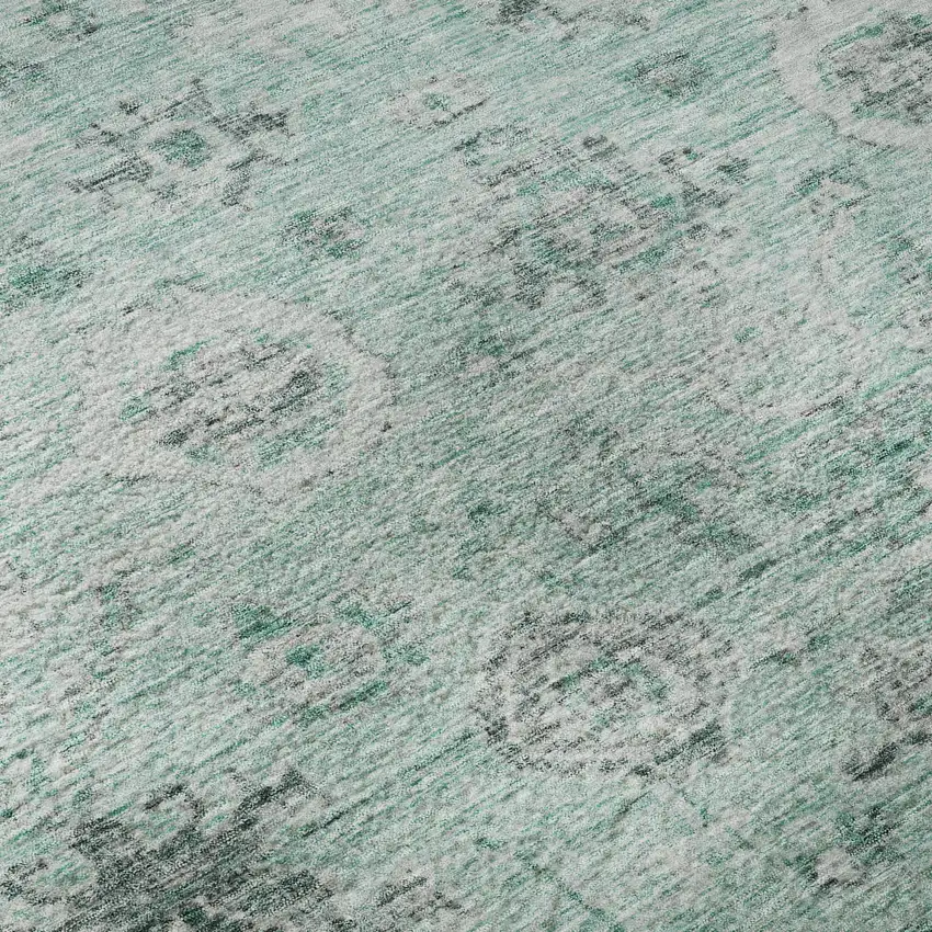 Teal Silver And Gray Damask Washable Area Rug With UV Protection Photo 8