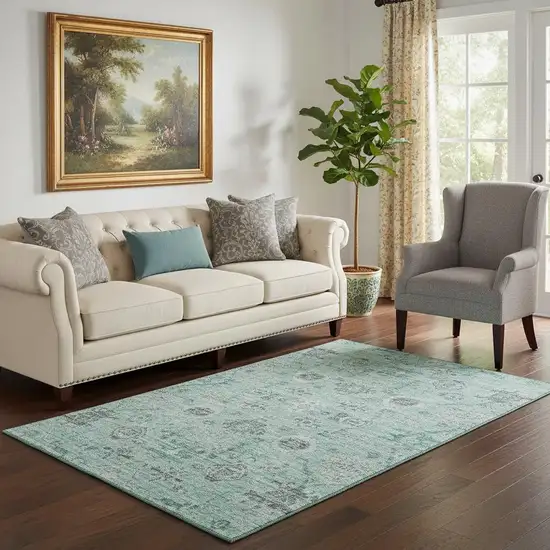 Teal Silver And Gray Damask Washable Area Rug With UV Protection Photo 2