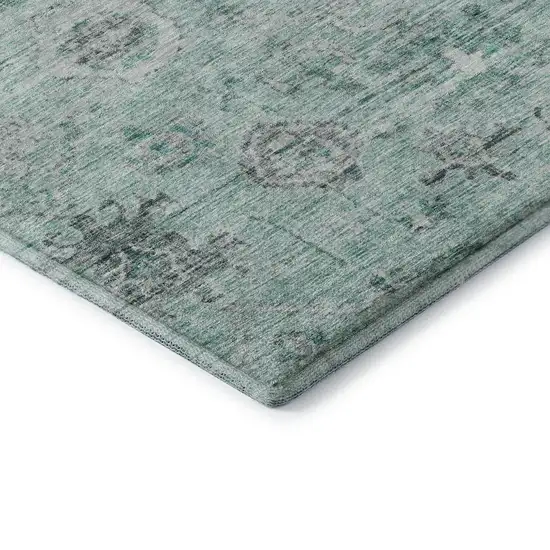 Teal Silver And Gray Damask Washable Area Rug With UV Protection Photo 6