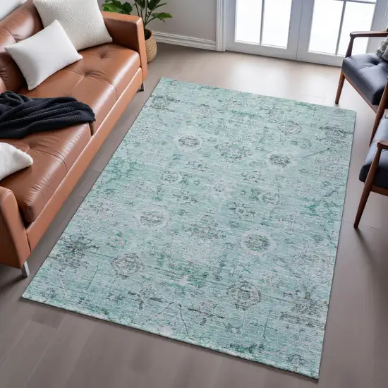 Teal Silver And Gray Damask Washable Area Rug With UV Protection Photo 5