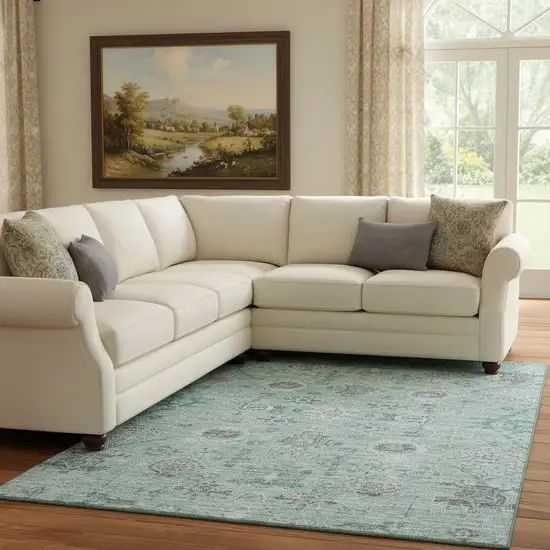 Teal Silver And Gray Damask Washable Area Rug With UV Protection Photo 2