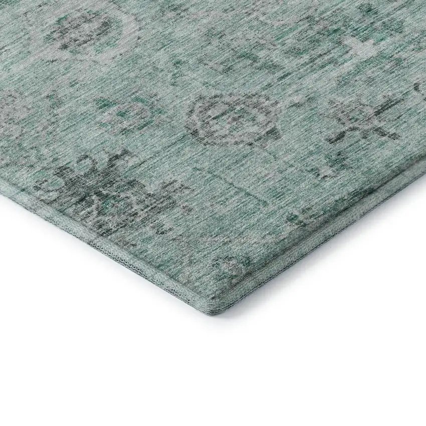 Teal Silver And Gray Damask Washable Area Rug With UV Protection Photo 7