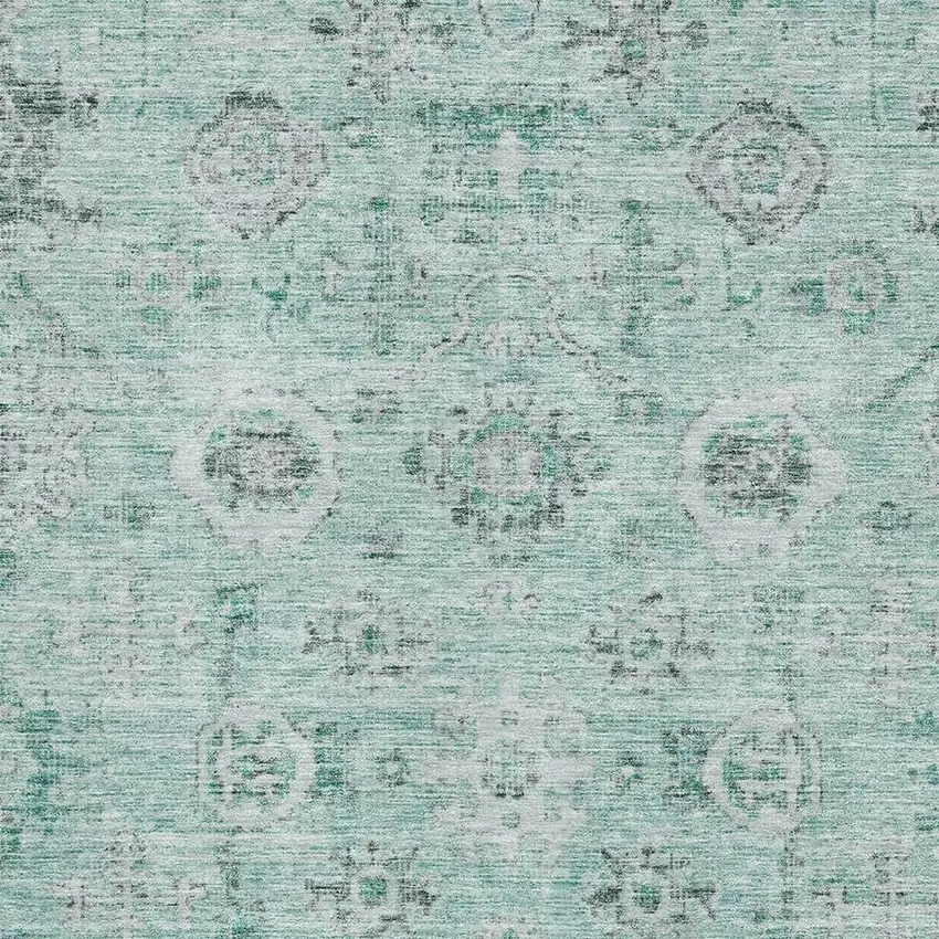 Teal Silver And Gray Damask Washable Area Rug With UV Protection Photo 2