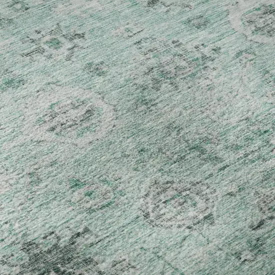 Teal Silver And Gray Damask Washable Area Rug With UV Protection Photo 9