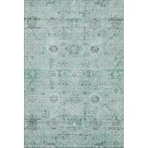 Photo of Teal Silver And Gray Damask Washable Area Rug With UV Protection